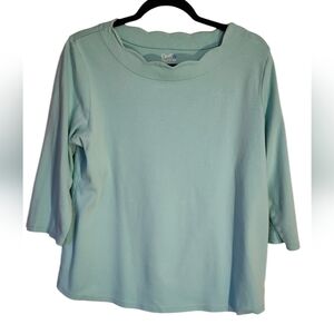 Croft & Barrow Blue Dress Blouse Shirt, Three Quarter Sleeves, Scalloped Neck, L